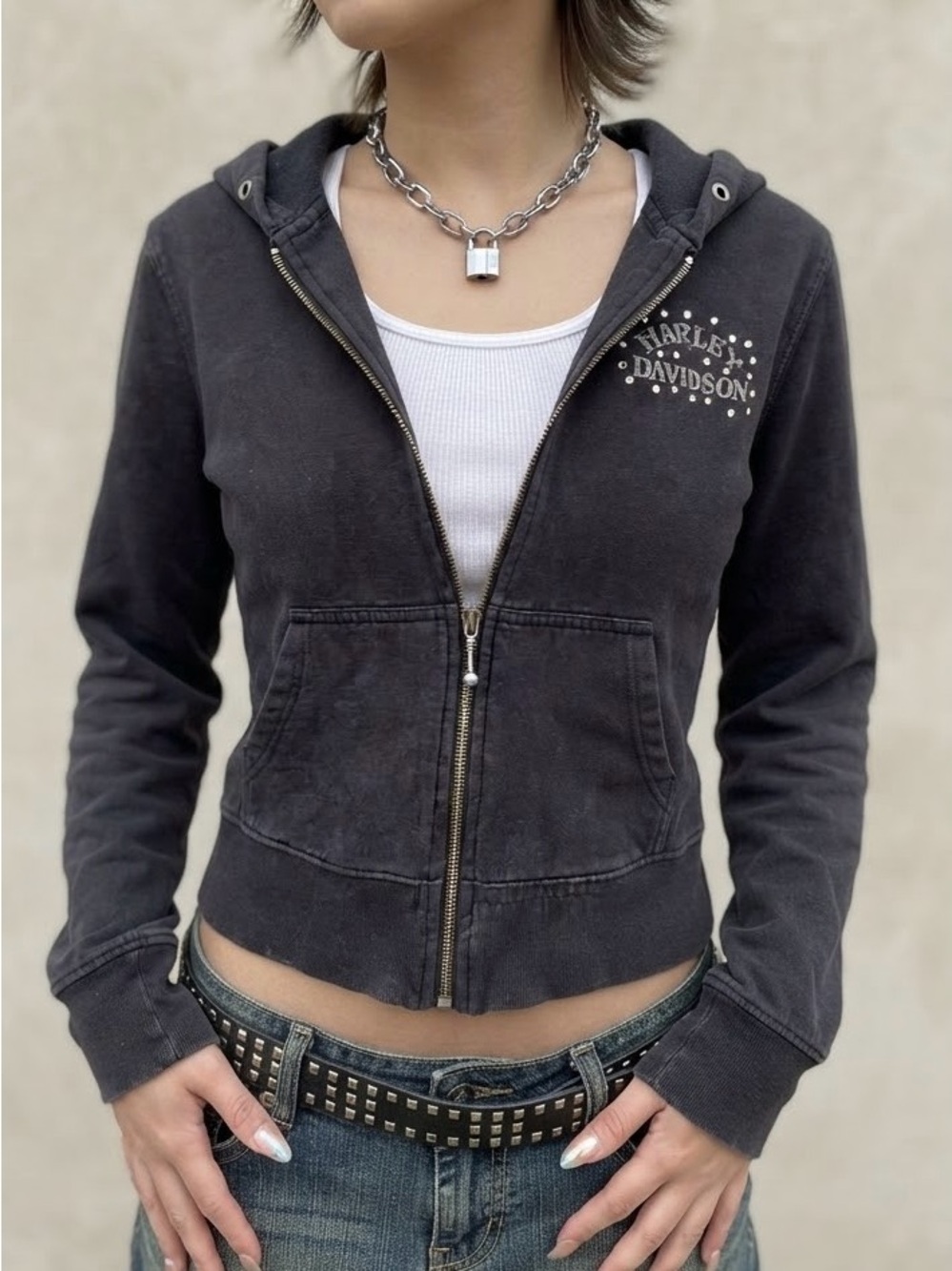 HARLEY-DAVIDSON Vintage Y2K Rhinestone Skull Zip Up Hoodie XL